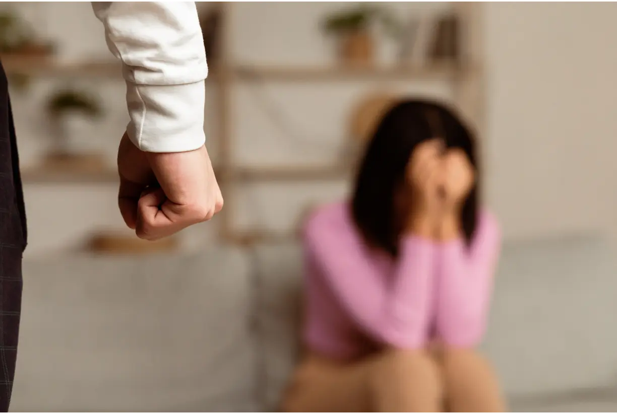 man with clenched fist, crying woman domestic violence