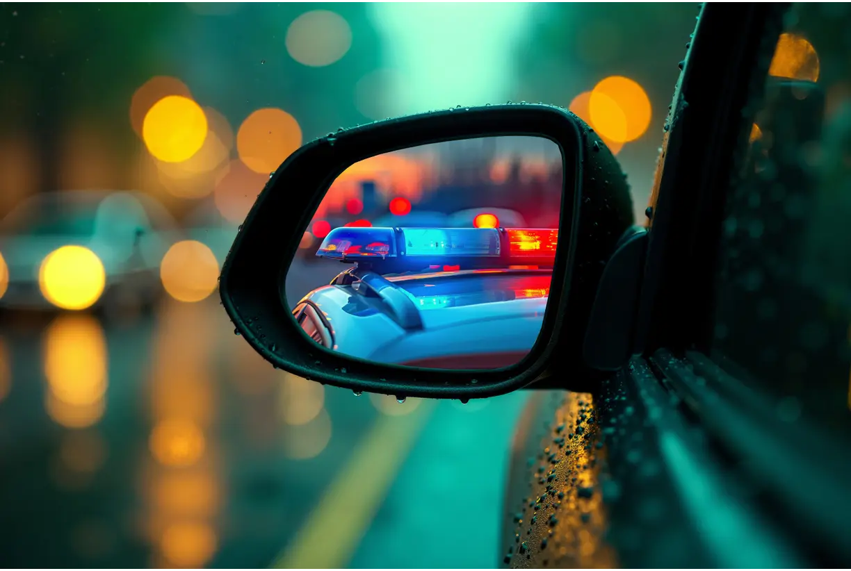 police car in rear-view mirror